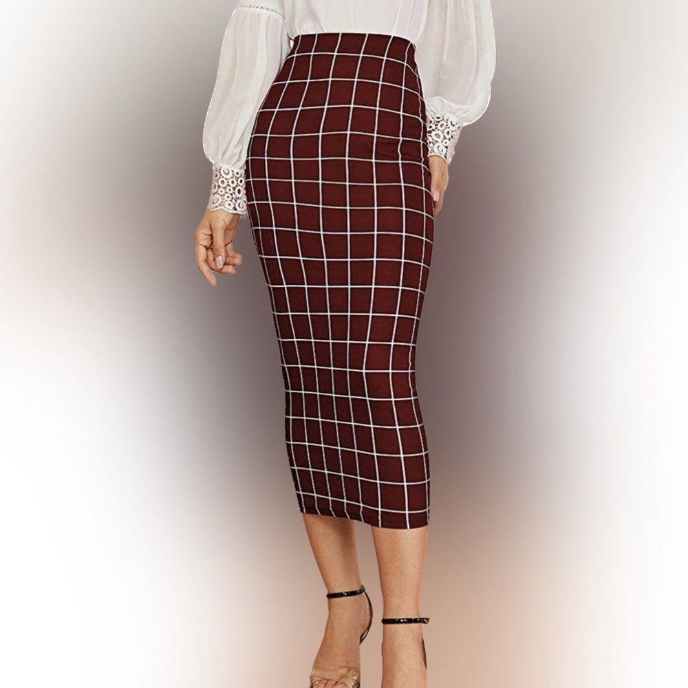 Plaid Elastic Waist Bodycon Midi Skirt - BRAND NEW